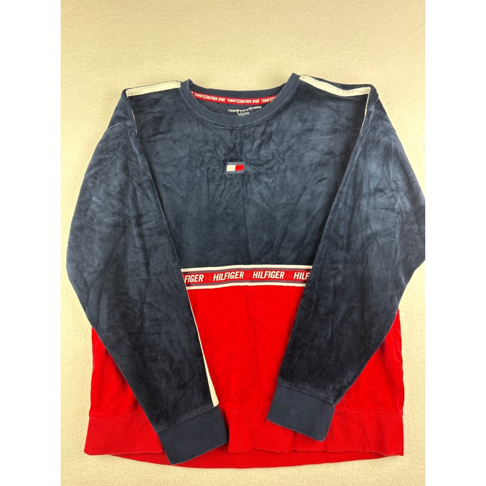 Tommy Hilfiger Sport Womens Velour Colorblock Sweatshirt Navy Red Logo Tape M